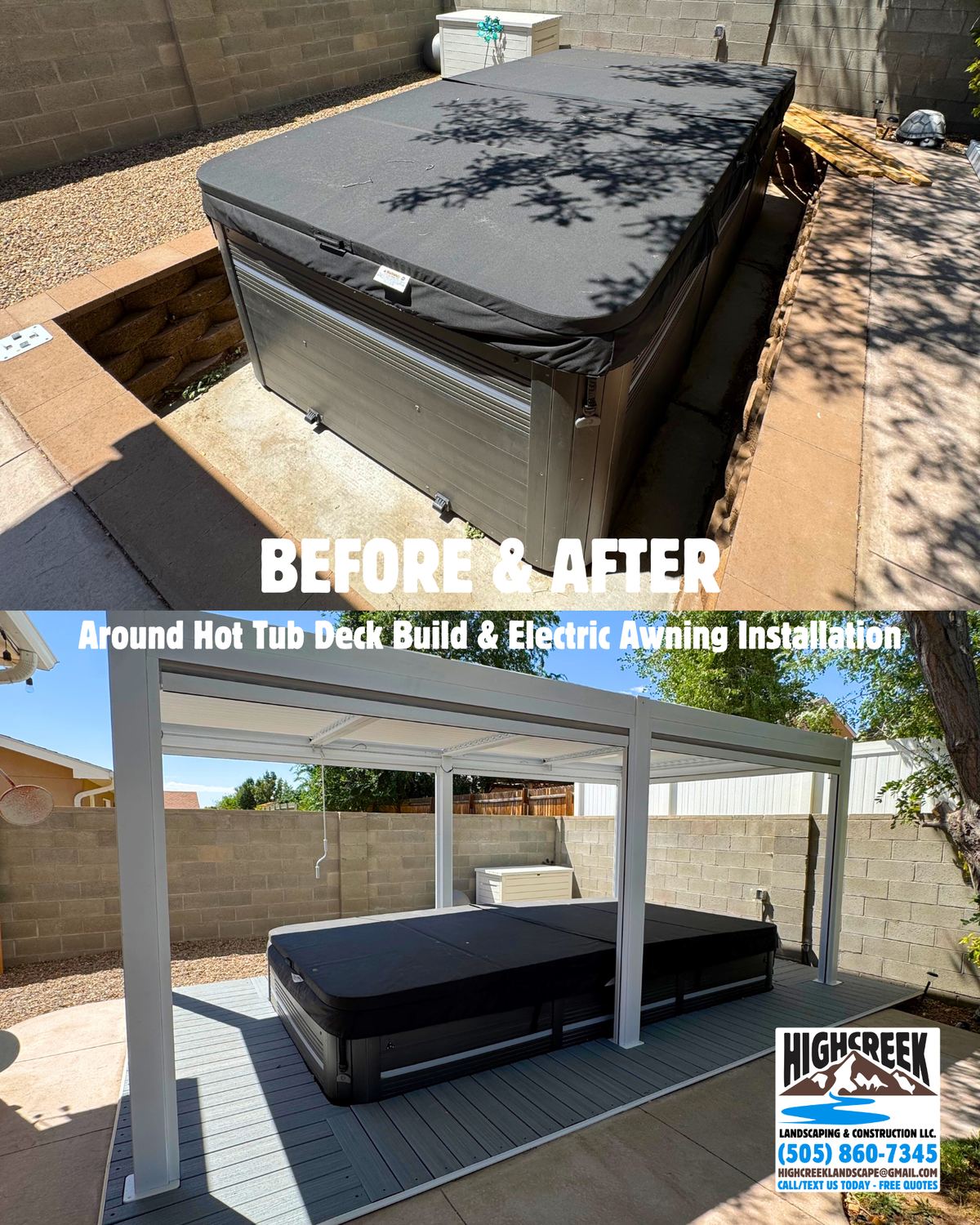 Before and after: around hot tub deck build & electric awning installation