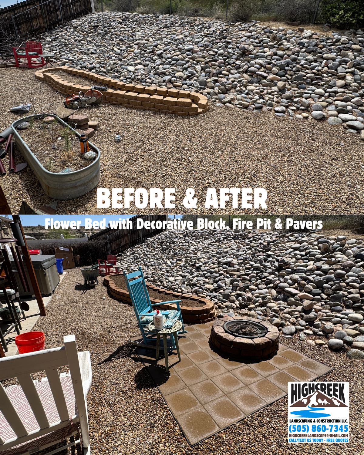 Before and after: flower bed with decorative block, fire pit & pavers