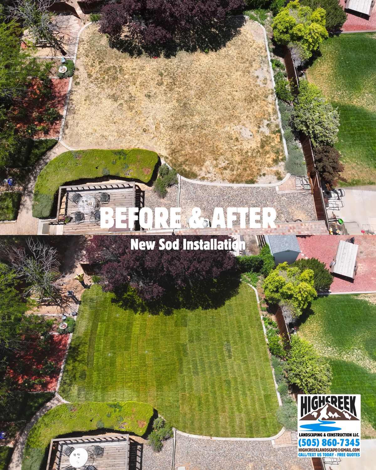 Before and after: new sod installation