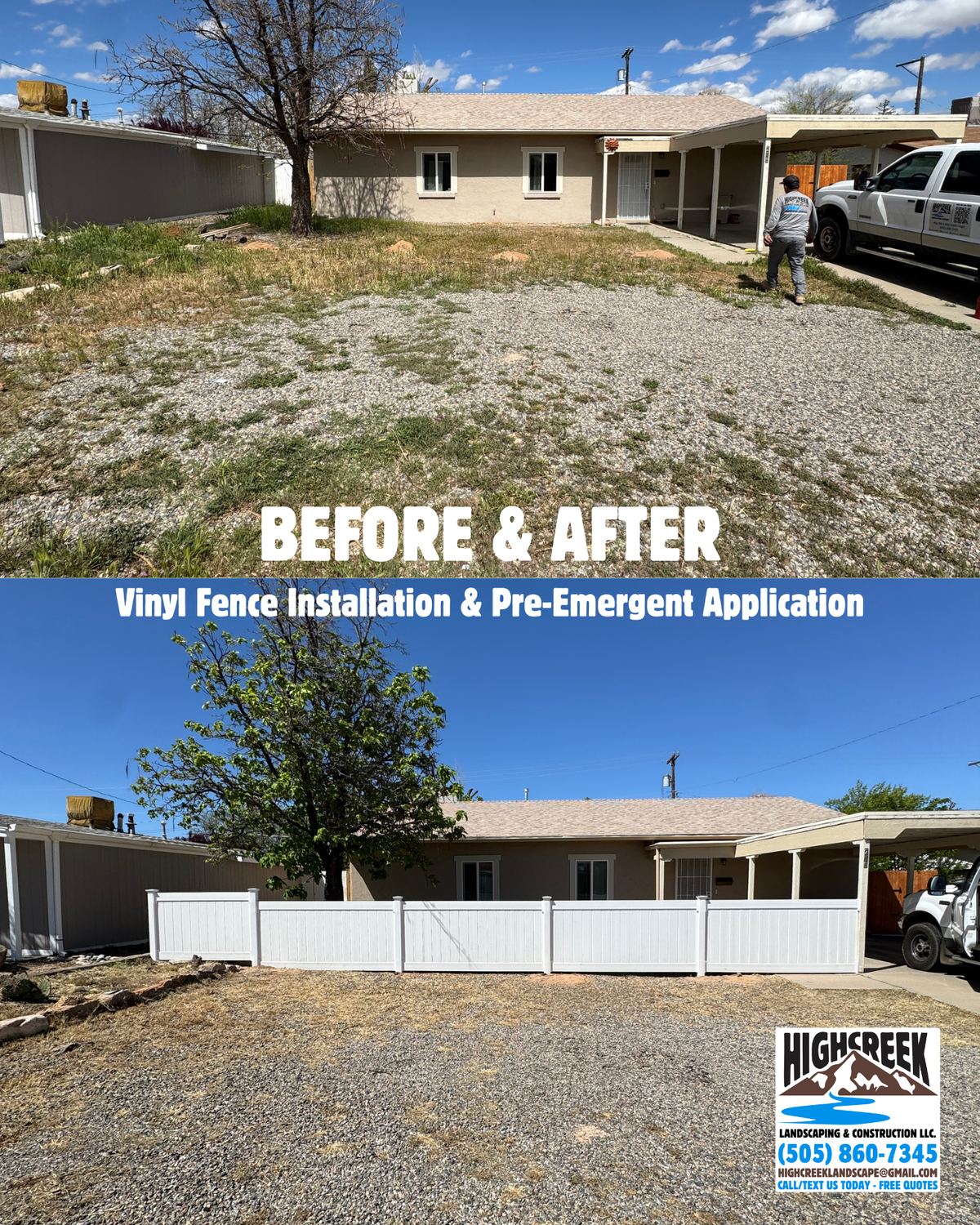 Before and after: vinyl fence installation & pre-emergent application